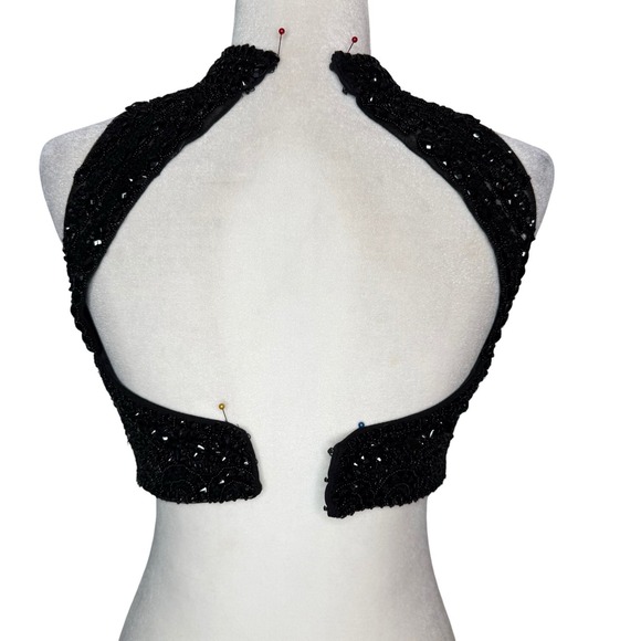 90s Evening Vintage Beaded Halter Crop Top XS 2 Black Sheer Backless Fairy Party - Picture 4 of 9